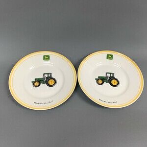 Gibson John Deere Tractor Salad Plates Yellow Trim Lot of 2